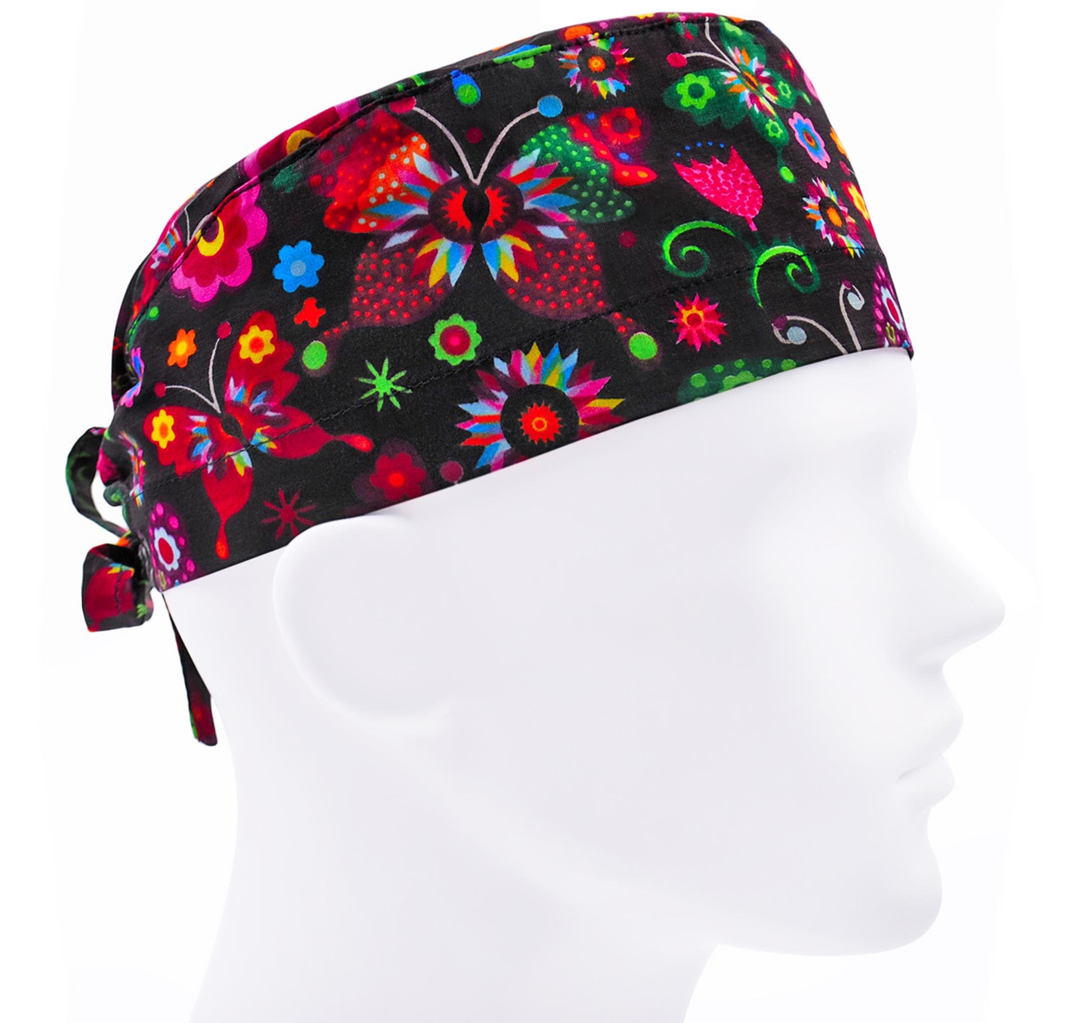 Шапочка медична чоловіча FloralScrubs Метелики на чорному універсальна (М032)