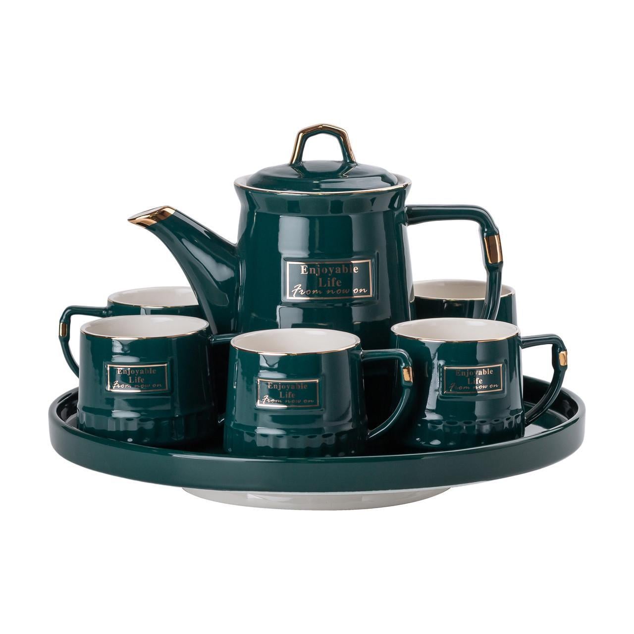 Набор чайный с заварочным чайником и фарфоровой подставкой на 6 персон Зеленый (HP-15-6)