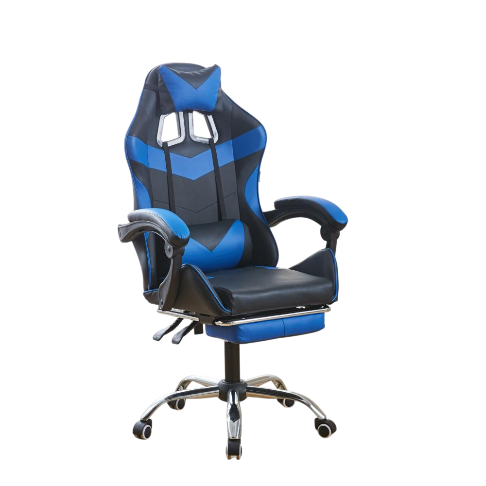 Кресло геймерское Bonro BN-810 из экокожи на колесиках с подушками под поясницу и голову и подставкой для ног Черно-синий (132-76-42400285)