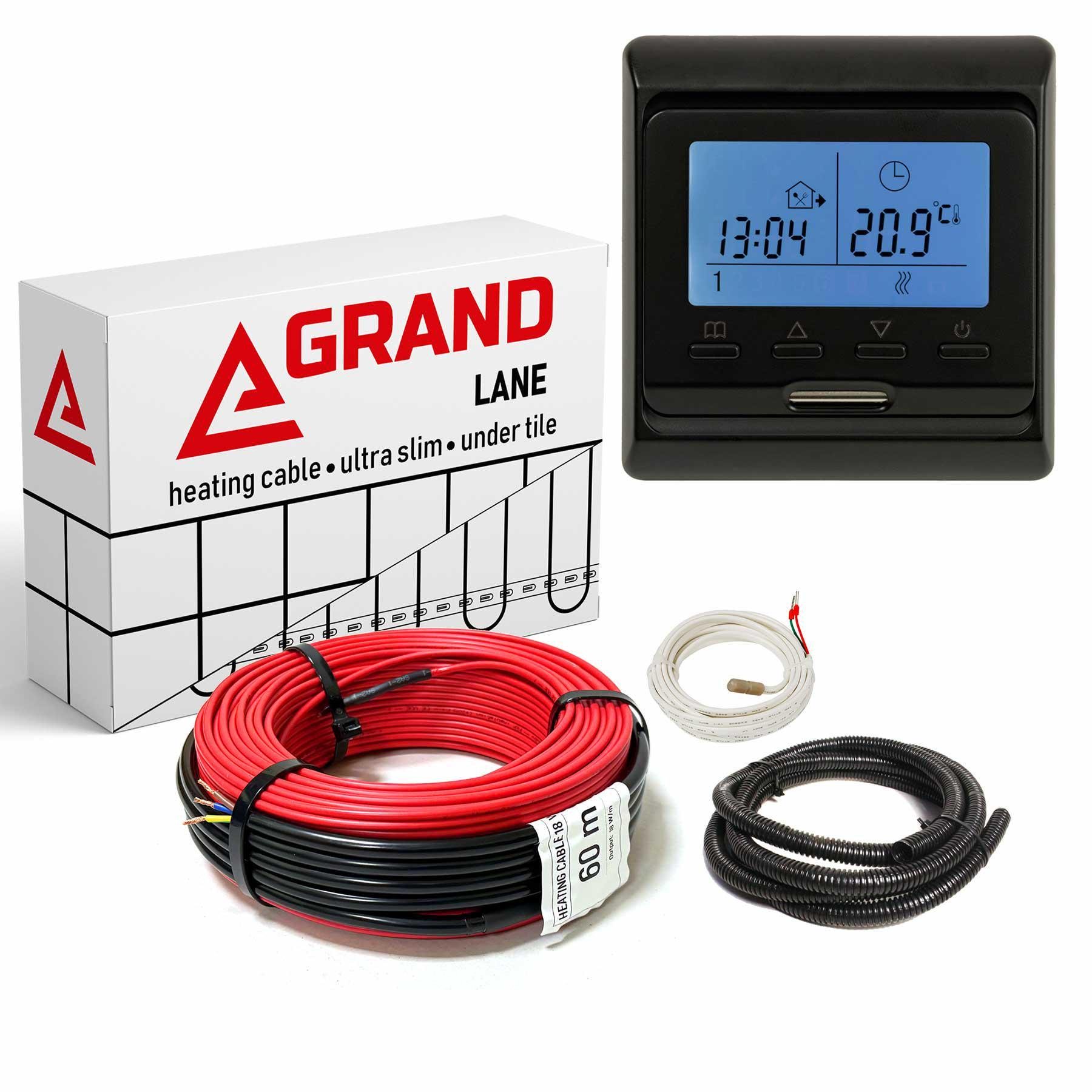 Теплый пол Grand Lane 2,5 м2/360 Вт/20 м нагревательный кабель glc3620k4 под плитку 18 Вт/м и терморегулятор программируемый Черный Теплый пол Grand Lane 2,5 м2/360 Вт/20 м нагревательный кабель glc3620k4 под плитку 18 Вт/м и терморегулятор программируемый Черный