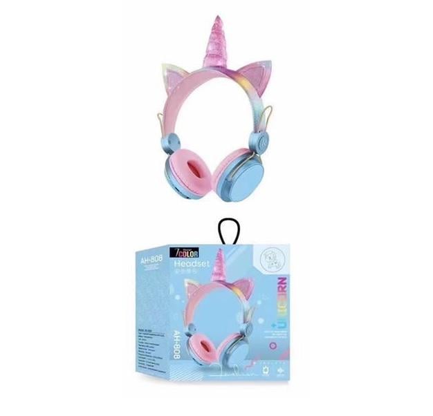 Наушники беспроводные с Единорогом Headset AH-808 Blue Bluetooth