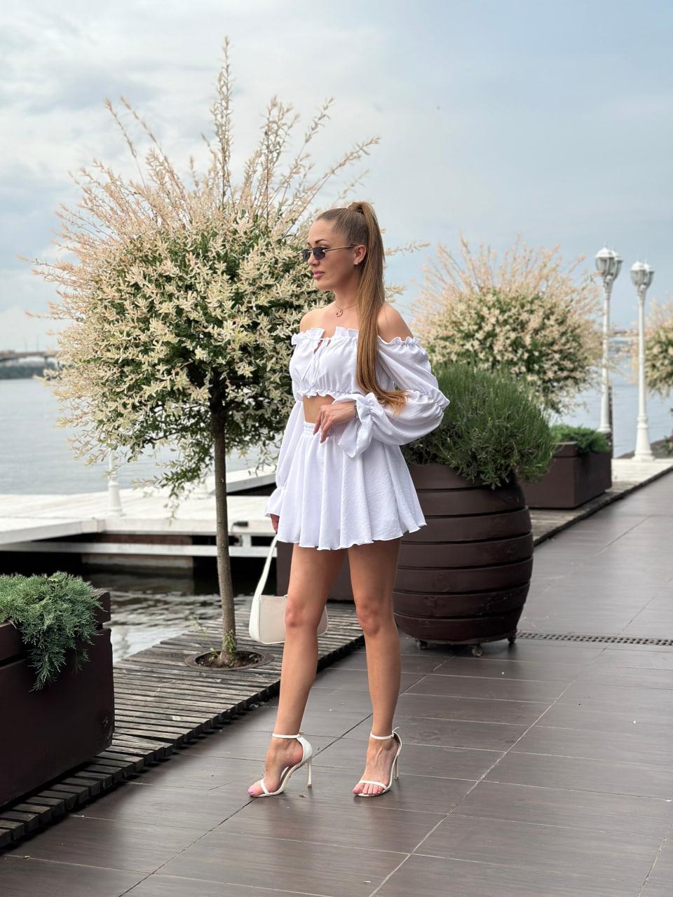 Костюм женский из креп жатки топ с длинными рукавами и юбка-шорты 3XL Белый (2628190786) - фото 6 Костюм женский из креп жатки топ с длинными рукавами и юбка-шорты 3XL Белый (2628190786) - фото 6