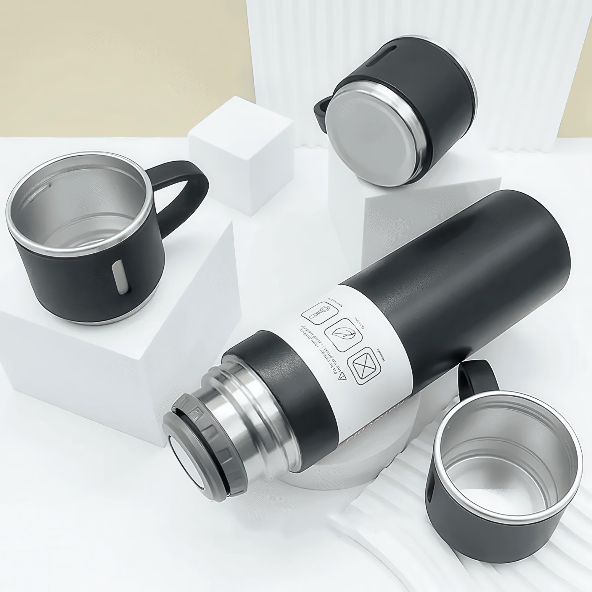 Термос с 3 кружками для чая и кофе нержавеющая сталь 500 мл Черный