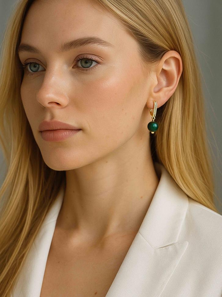 Серьги с зеленым кошачьим глазом (5195)