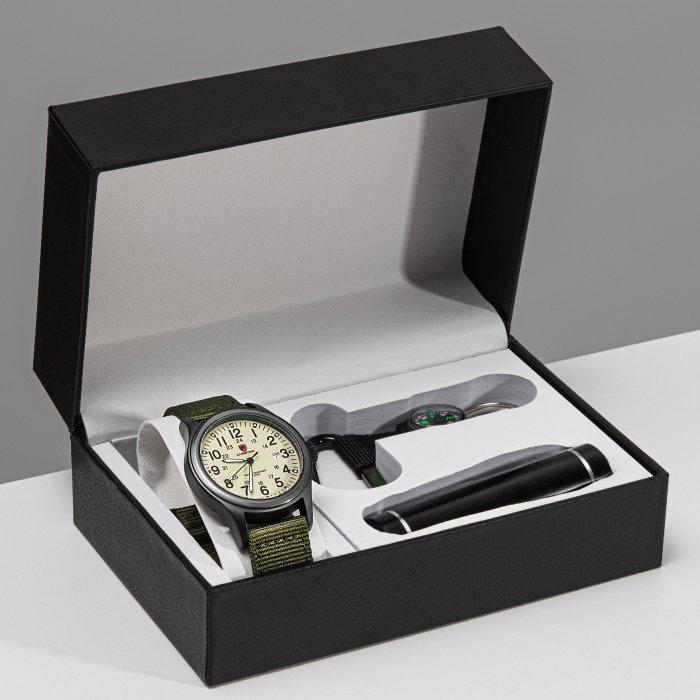 Часы наручные мужские Besta Box Command Light Green подарочный набор с компасом (1953)