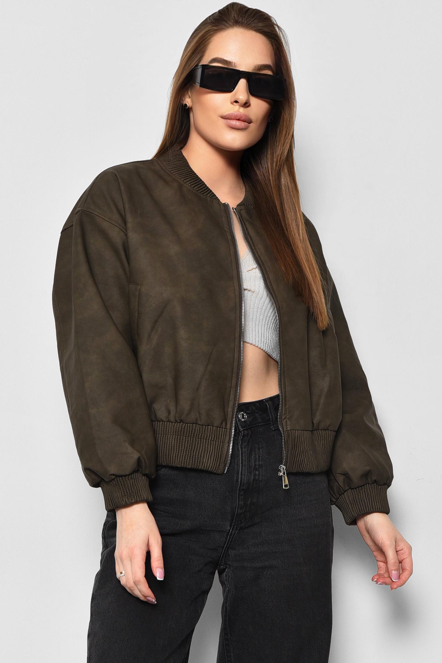 Бомбер жіночий екошкіра L Коричневий (178375) - фото 2