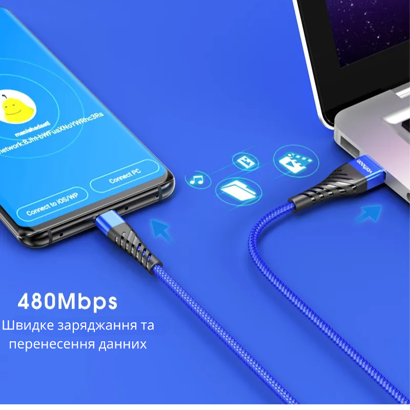 Кабель зарядний Vothoon USB Type-A на USB Type-C плетений 1 м 3 А Синій (1896647886) - фото 3