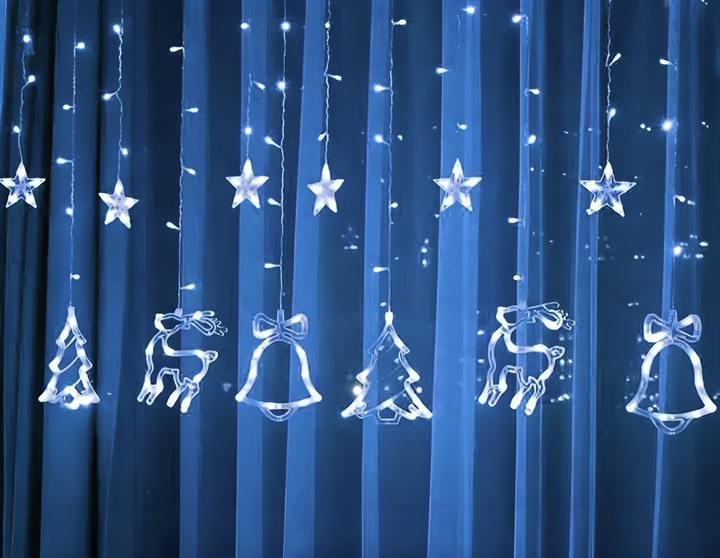 Гірлянда бахрома штора з фігурками кімнатна Олень Ялинка колокольчик/Зірки від USB 2,5х1 м Холодний білий (2415859975) - фото 1 Гірлянда бахрома штора з фігурками кімнатна Олень Ялинка колокольчик/Зірки від USB 2,5х1 м Холодний білий (2415859975) - фото 1