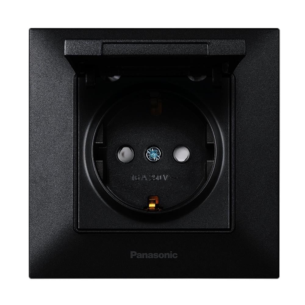 Розетка Panasonic Arkedia Slim одинарна із заземленням та кришкою Чорний (23830955)