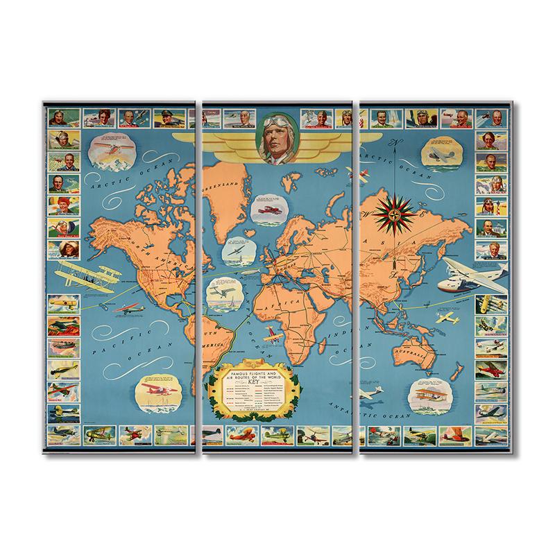 Винтажная карта Рейсы авиамаршруты мира 3 модуля 50x75 см