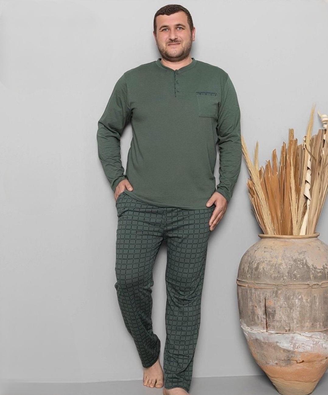 Піжама чоловіча бавовняна лонгслів та штани в клітину 3XL Хакі (PJ6720-7)