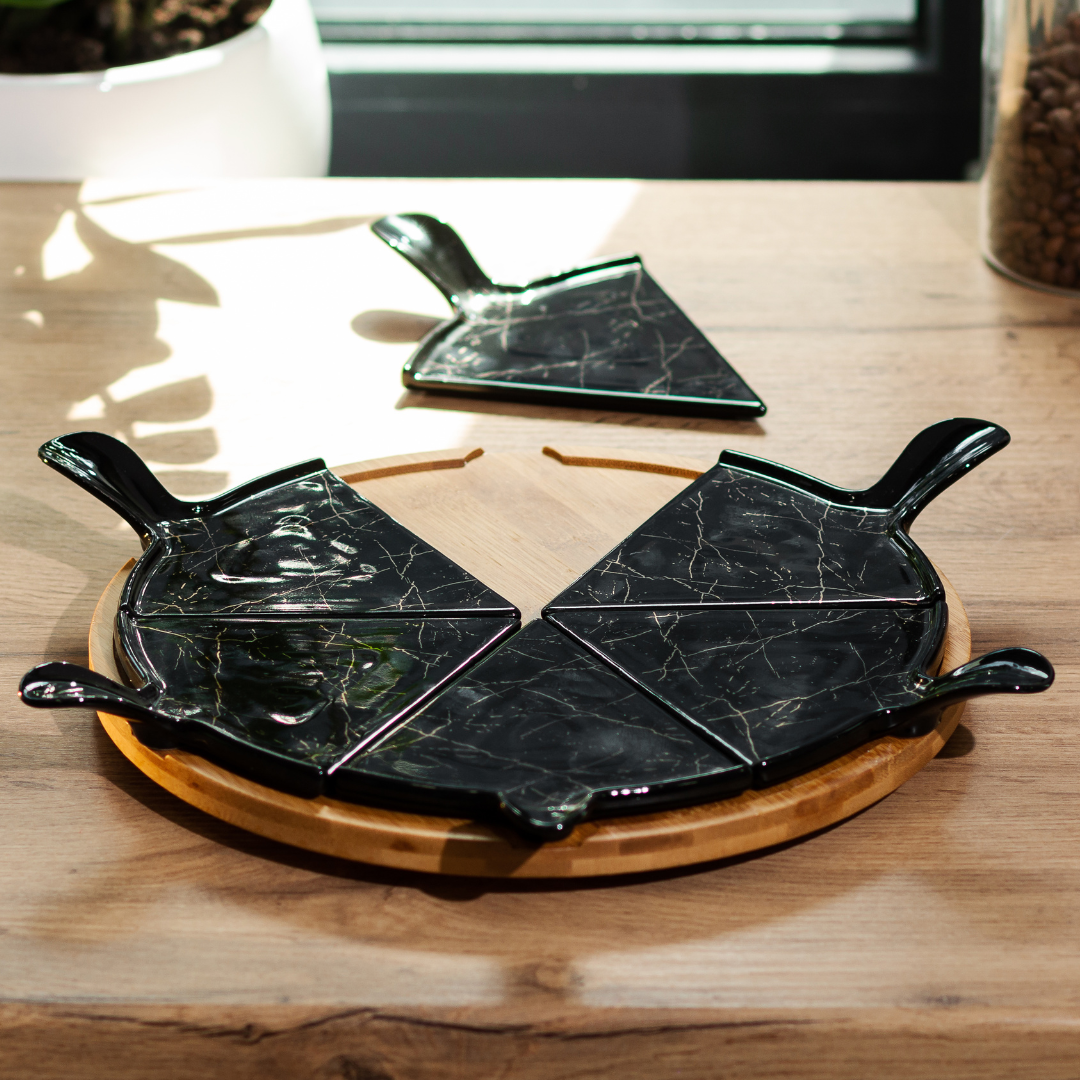 Тарілка для піци керамічна з бамбуковою обертовою підставкою секційна 28 см Чорний (4803) - фото 2 Тарілка для піци керамічна з бамбуковою обертовою підставкою секційна 28 см Чорний (4803) - фото 2