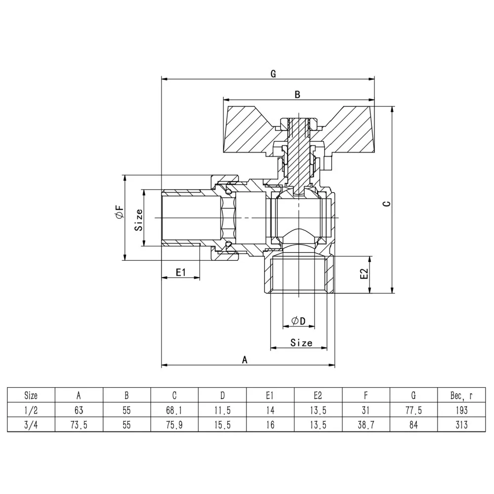 Кран кульовий з напівзгоном ITAL PN40 3/4" кутовий Нікель (SQ-1046064) - фото 4