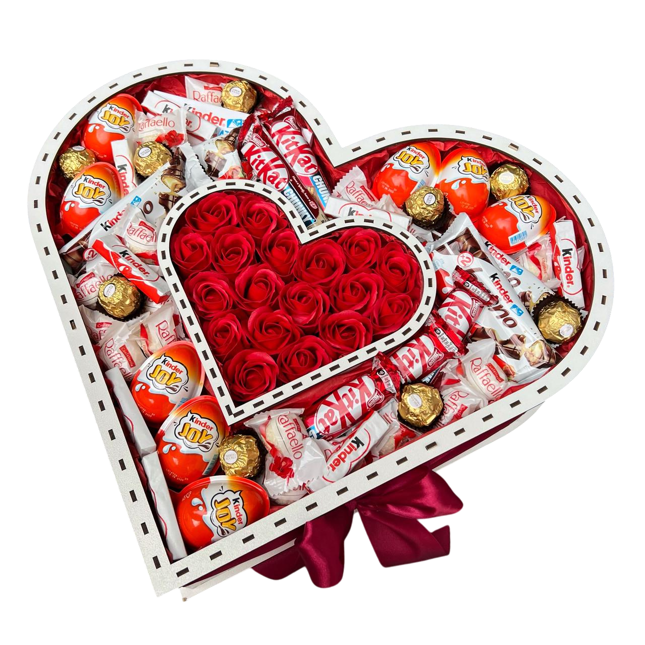 Подарочный бокс Сладкий в форме сердца с конфетами Kinder и розами из мыла 50 см Белый/Красный (1940888918)