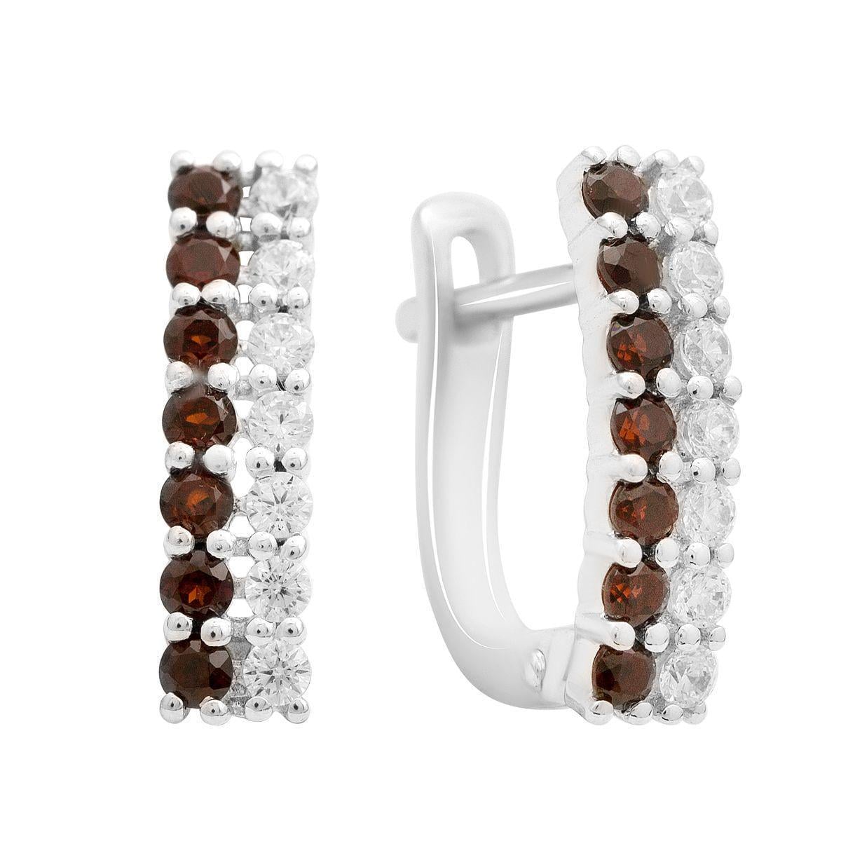 Сережки срібні LoveR з натуральним гранатом і прозорими фіанітами у формі доріжки