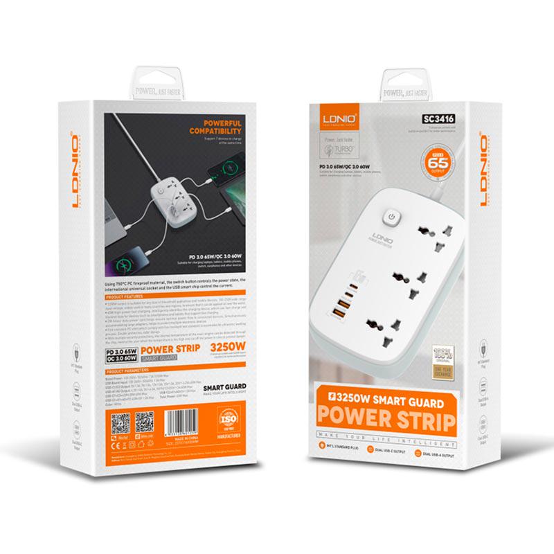 Подовжувач мережний Ldnio SC3416 3 Sockets USB Type-C 65W White - фото 10