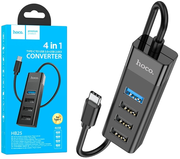 Конвертор USB HUB Hoco HB25 TypeC USB3.0+3 USB2.0 0,3 м Black (23757529)
