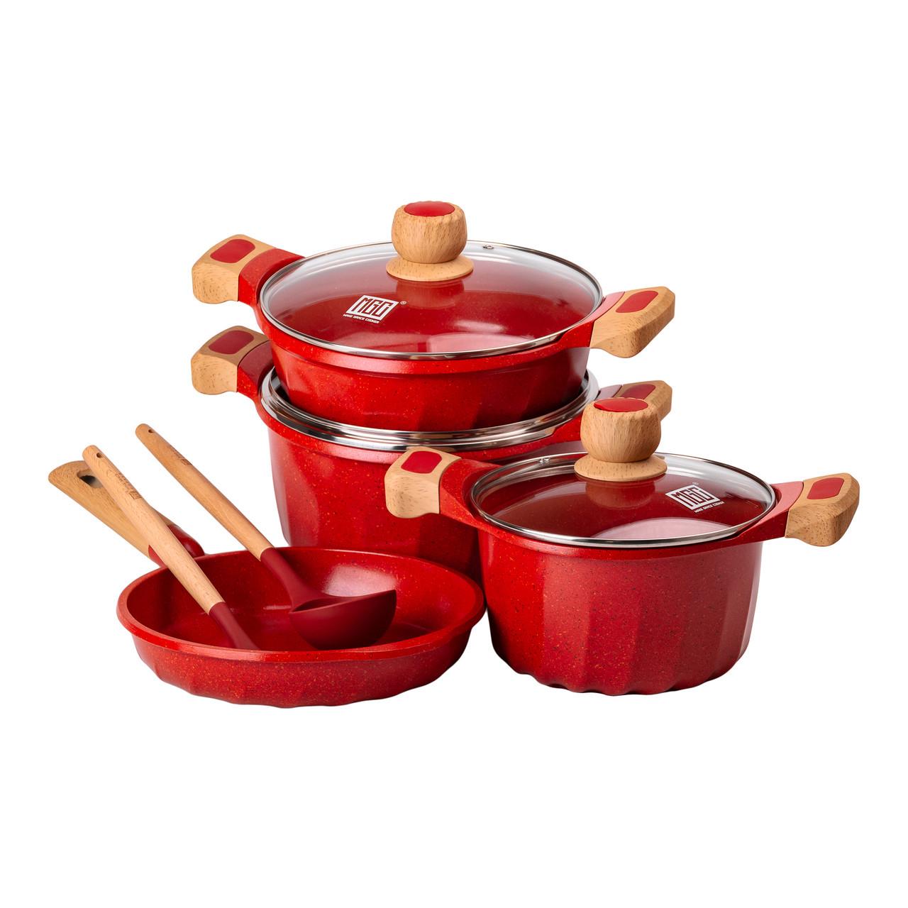 Набор посуды MGC кастрюли 3 шт./лопатка/половник Красный - фото 1 Набор посуды MGC кастрюли 3 шт./лопатка/половник Красный - фото 1