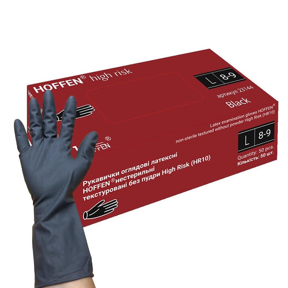 Перчатки латексные Hoffen HFN-23142L текстурированные нестерильные L 14,5 г 50 шт. Черный (627553) Перчатки латексные Hoffen HFN-23142L текстурированные нестерильные L 14,5 г 50 шт. Черный (627553)