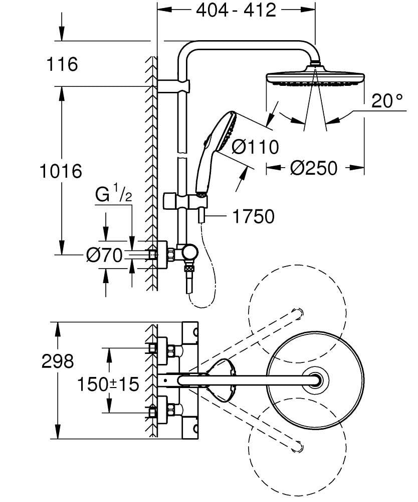 Душова система з термостатом Grohe Tempesta 266702431 Чорний (218525) - фото 9 Душова система з термостатом Grohe Tempesta 266702431 Чорний (218525) - фото 9