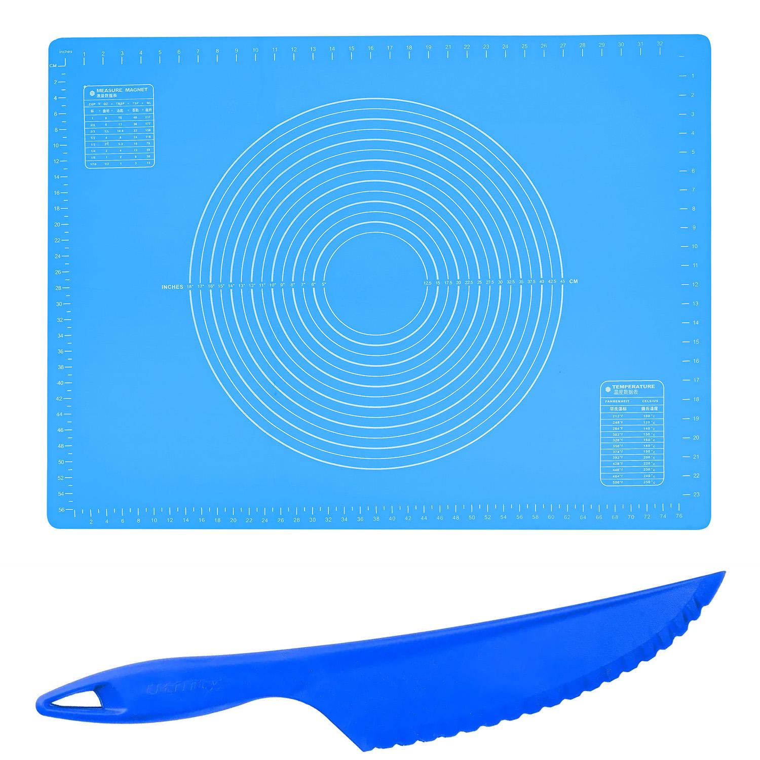 Комплект килимок силіконовий для розкачування тіста, випічки та заморожування напівфабрикатів і ніж пластиковий 81х61 см Блакитний (85218)