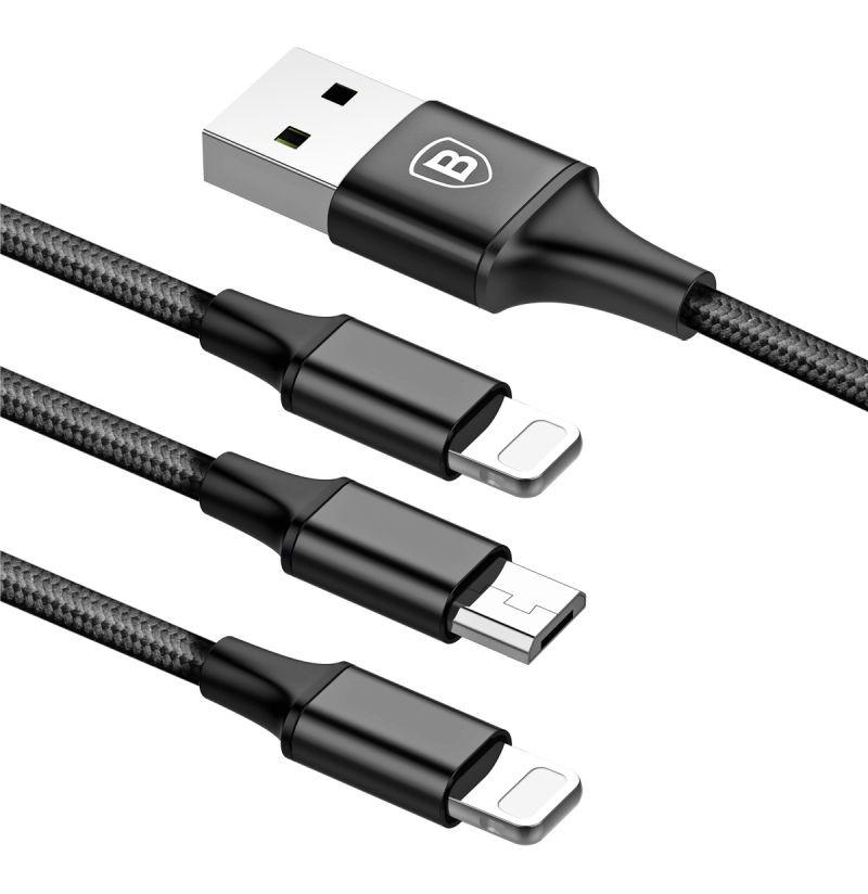 Кабель для зарядки телефона/смартфона 3в1 Baseus USB-Micro 2хLightning 3А 1,2 м Чорний (CAMLL-SU01) - фото 2