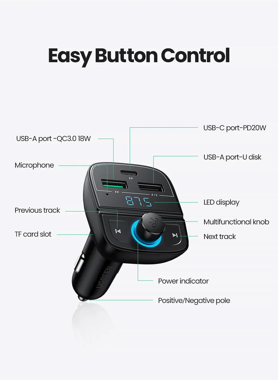 Адаптер UGREEN Bluetooth 5.0 FM-передатчик радио 2x Type-C/1x USB-A QC/PD 3.0 Hand-Free Черный (80910) - фото 5