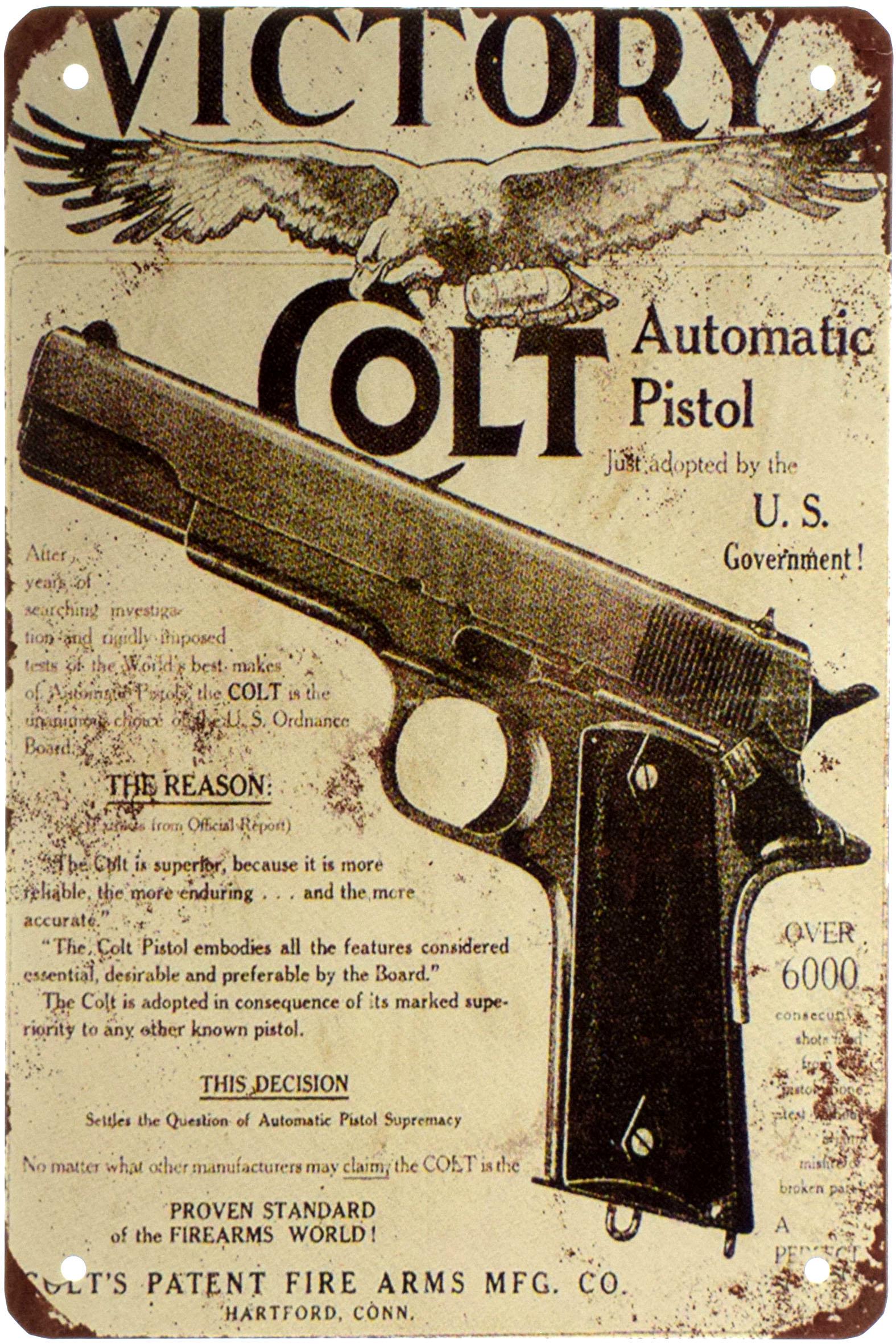 Табличка металлическая Автоматический Пистолет Victory Colt 20x30 см