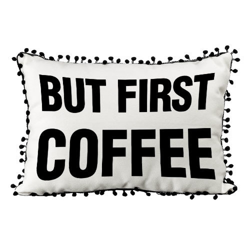 Подушка из мешковины с помпонами But first coffee 45х32 см (43PHBP_URB003)