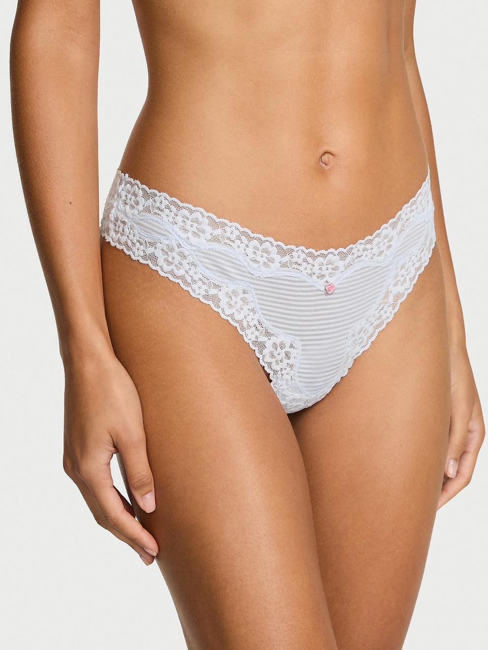 Трусики женские Victoria's Secret Cotton Shadow Stripe Lace-Waist Thong S Голубой (28197661371)