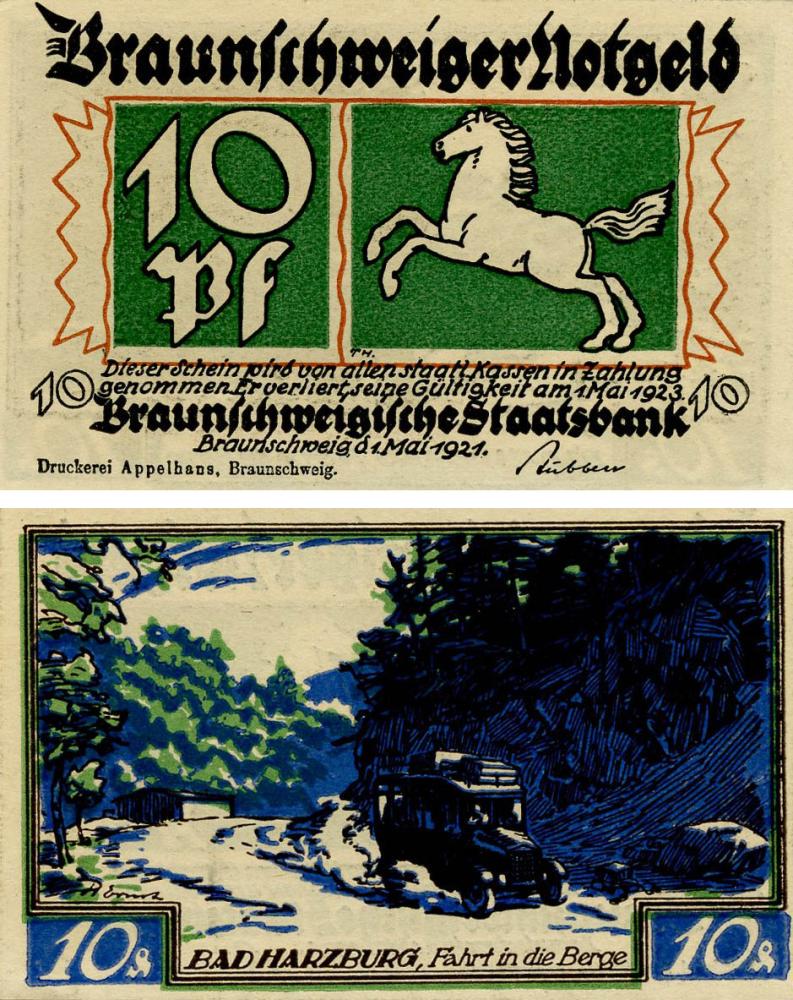 Коллекционная банкнота Германия Нотгельд 10 пфеннигов 1921 F-VF Брауншвейг Разновидность 4 (Б18460)