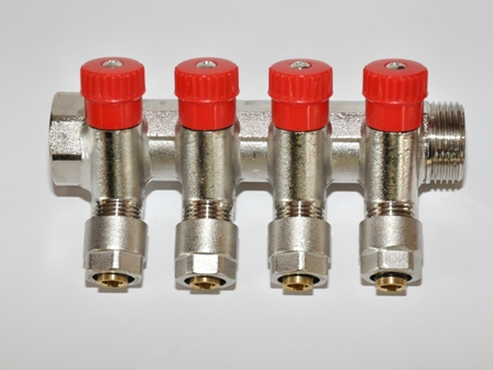 Колектор з кранами Aqua-World 4 виходи 1дx16 мм розбірний фітинг Pexal Red (ТК209-4К)