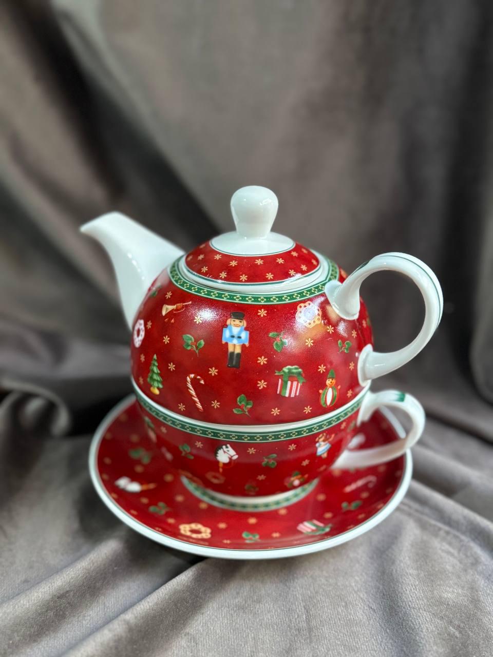 Чайник-заварник YIWU Christmas порцеляна з чашкою та блюдцем 500 мл/300 мл Червоний (HP-SD-10)