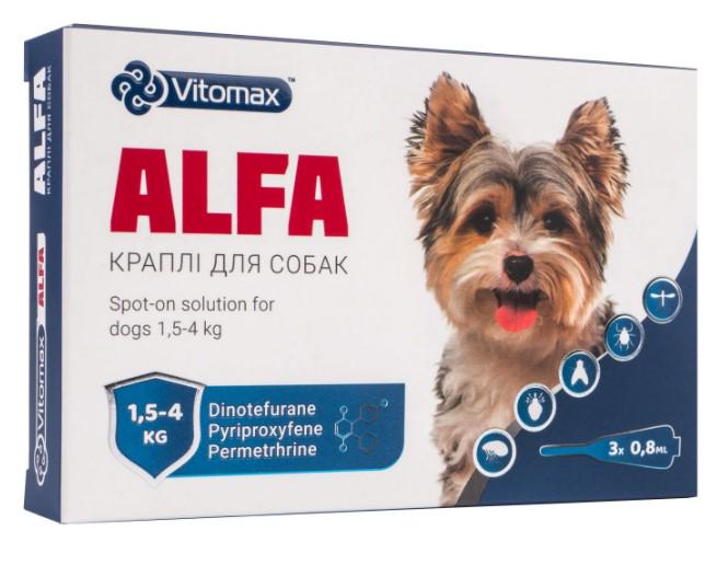 Краплі на холку Vitomax Alfa від бліх та кліщів для собак вагою 1,5-4 кг 3 піпетки (00-00018547)
