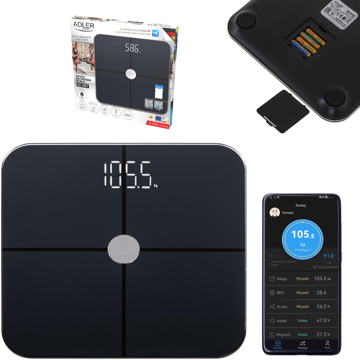 Ваги підлогові електронні Adler AD 8187 Smart до 180 кг 4хАААА автовимкнення Black (AD8187B) - фото 4 Ваги підлогові електронні Adler AD 8187 Smart до 180 кг 4хАААА автовимкнення Black (AD8187B) - фото 4