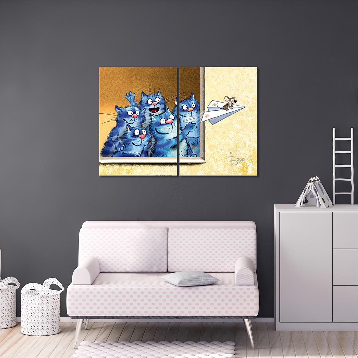 Модульная картина Мышкин полет на самолете 2 модуля 120x180 см