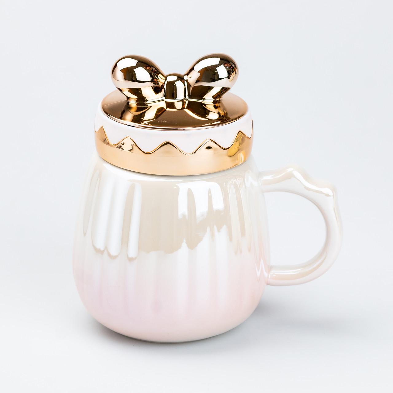 Чашка керамическая с крышкой 500 мл Розовый (4385)