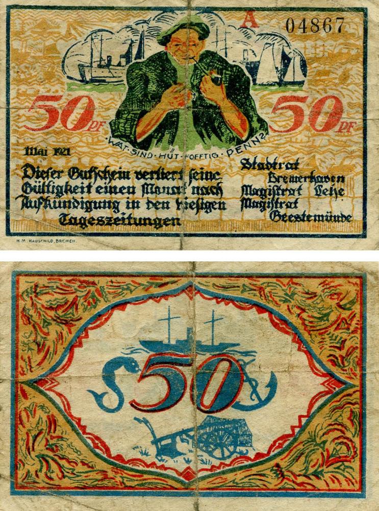 Коллекционная банкнота Германия Нотгельд 50 пфеннигов 1921 F-VF Бремен (Б18648)