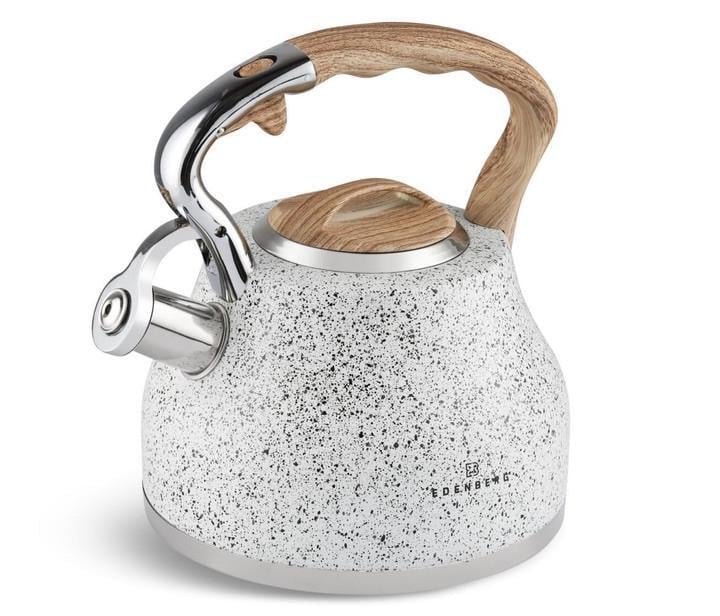 Чайник з мармуровим покриттям Edenberg зі свистком та тришаровим капсульним дном 3 л Білий (EB-8843)
