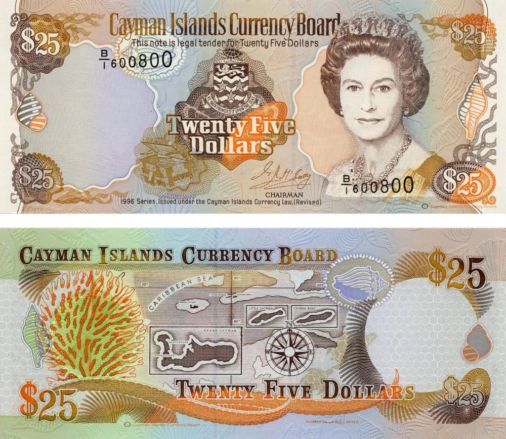 Коллекционная банкнота Каймановы Коллекционная банкнота Острова 25 долларов 1996 UNC Префикс В/1 P19 (Б06188)