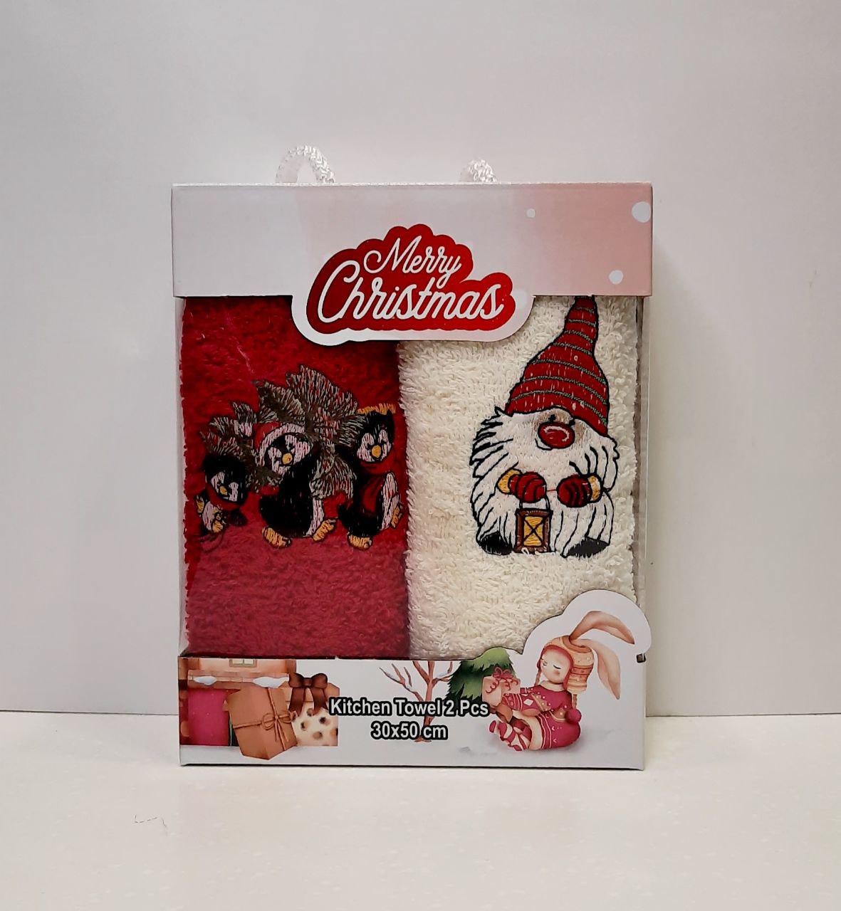 Салфетки для кухни Новогодние Олени и гном 30х50 см 2 шт. Красный/Молочный (1413)
