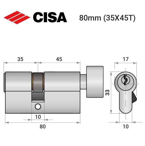 Циліндр замка ключ/вороток Cisa C2000 80T 35x45T нікель матовий (37972) - фото 4