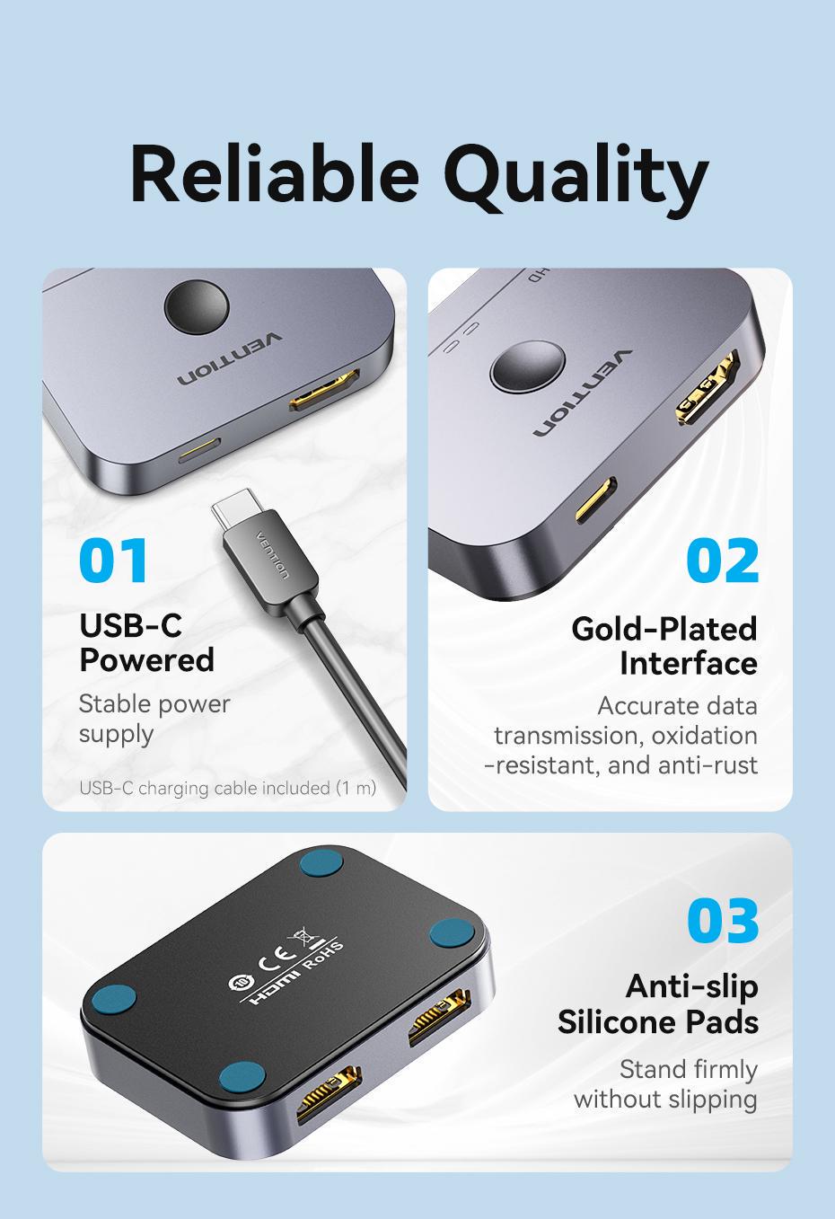 Перемикач Vention HDMI 8K 60Hz 4K 120Hz HDMI 2.1 двонаправлений HDR алюмінієвий Чорний (AKPB0) - фото 15 Перемикач Vention HDMI 8K 60Hz 4K 120Hz HDMI 2.1 двонаправлений HDR алюмінієвий Чорний (AKPB0) - фото 15