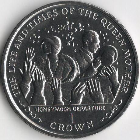 Коллекционная монета Остров Мэн 1 крона 1999 года Жизнь королевы-матери Медовый месяц UNC (KM#982)
