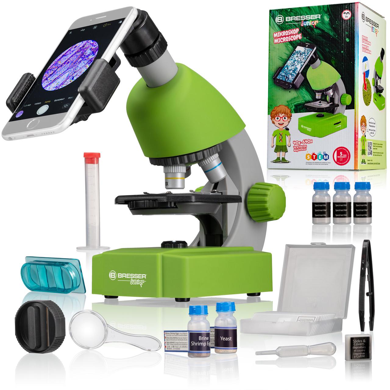 Микроскоп Bresser Junior 40x-640x с набором для опытов и адаптером для смартфона Green (8851300B4K000)