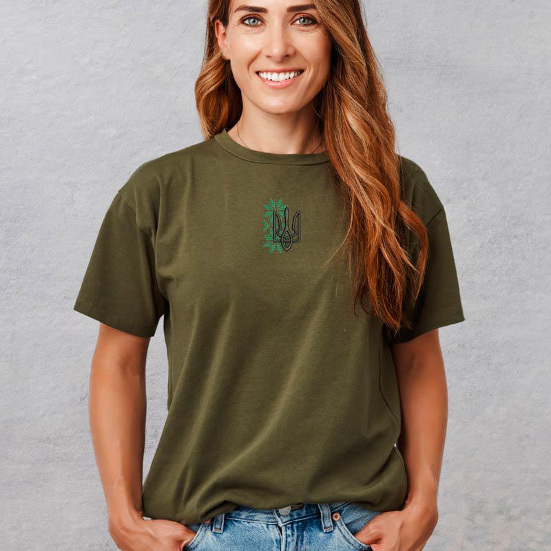 Футболка з вишивкою тризуба 02-6 жіноча 2XL Хакі (388375-18-15)