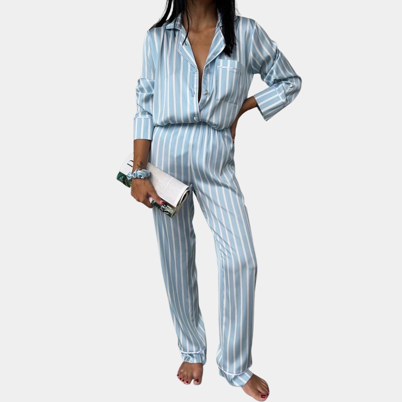 Піжама жіноча сатинова у смужку XL Блакитно-білий (№1263) - фото 2