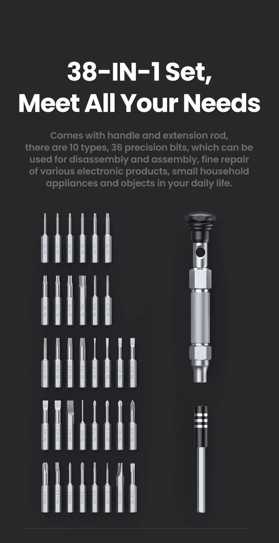 Набор прецизионных отверток UGREEN 38-в-1 бит из стали S2 магнитный с удлинителем Черный (15354) - фото 7