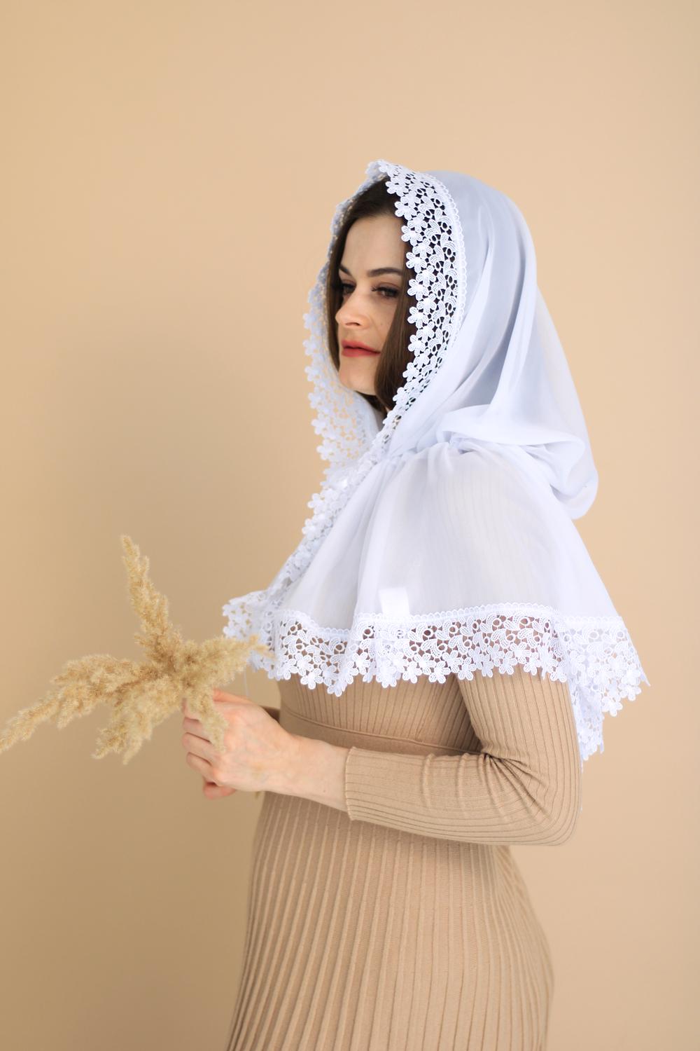 Палантин для храма на голову 80x120 см Белый (п016) - фото 8 Палантин для храма на голову 80x120 см Белый (п016) - фото 8