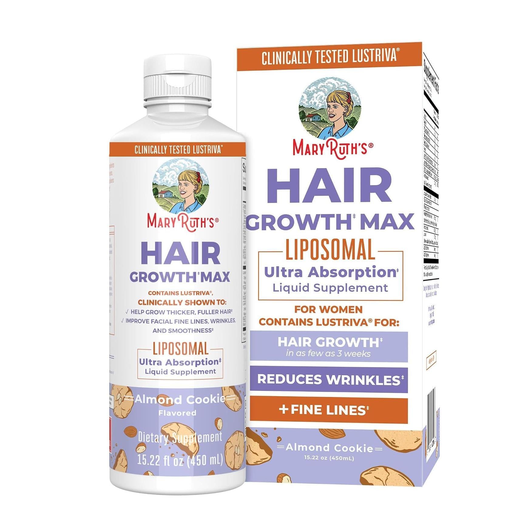 Пищевая добавка MaryRuth's Hair Growth Max Liposomal Lustriva Biotin для поддержки роста волос 10000 мкг 450 мл Миндальное печенье